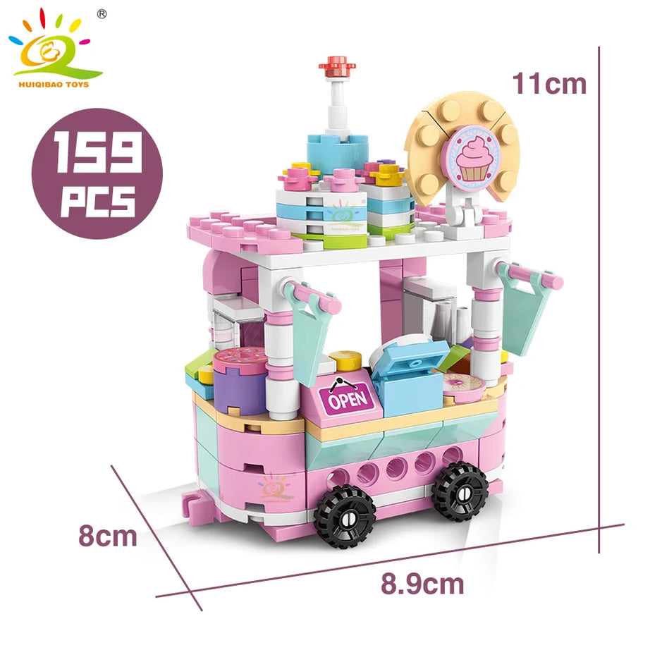 HUIQIBAO Creative Street Food House Model Building Block MOC Retail Store with Figure Ice Cream Car Bricks Sets Boys Toy for Kid