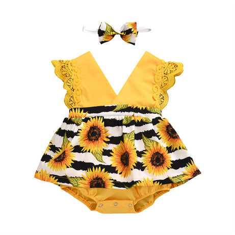 Sunflower Lace Baby Romper – Summer One-Piece Outfit for Newborn Girls